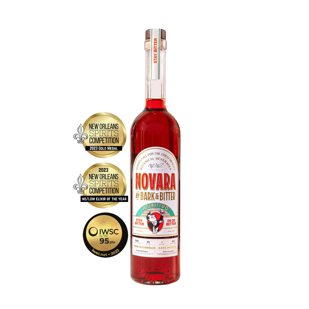 Bottle of Novara by Bark & Bitter non-alcoholic aperitivo with award medals from the New Orleans Spirits Competition and IWSC, highlighting its vibrant red color and premium label design.
