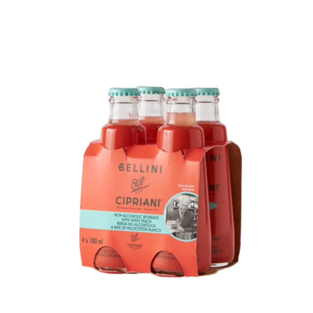 Pack of Bellini Cipriani drinks in glass bottles on a white background