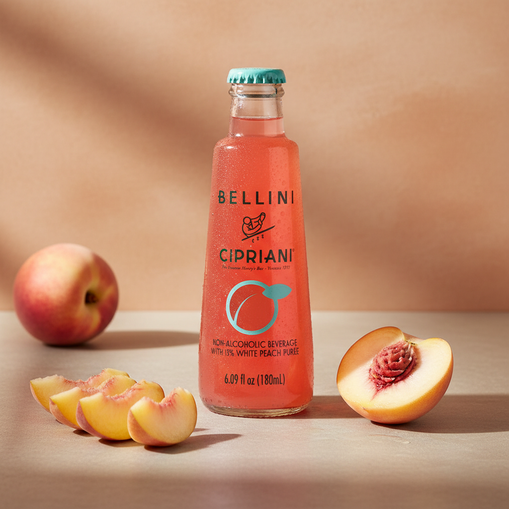 Bottle of Bellini Cipriani non-alcoholic peach beverage with peaches on a beige background