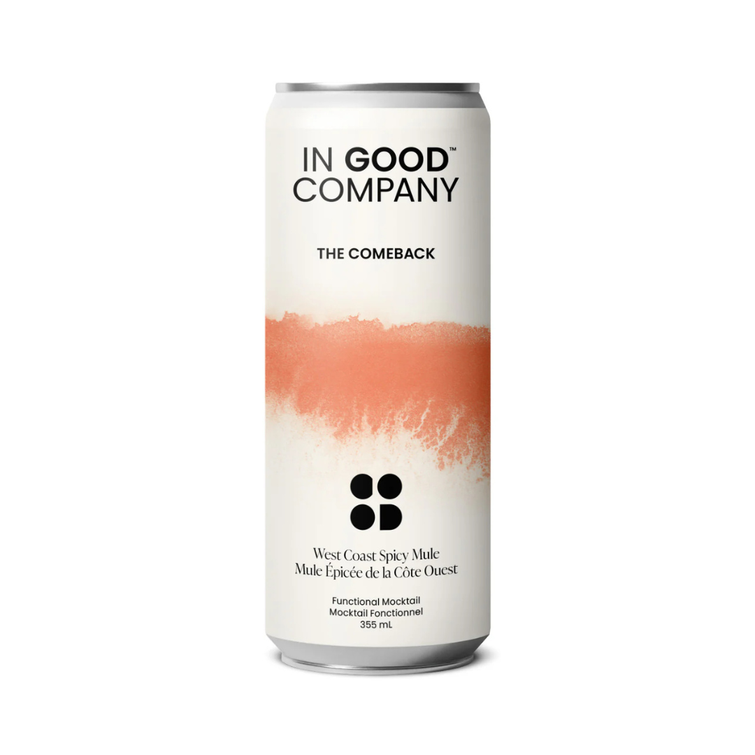 Can of In good company  THE COMEBACK West Coast Spicy Mule — functional mocktail with ginger and lime flavour, adaptogens, and natural caffeine.