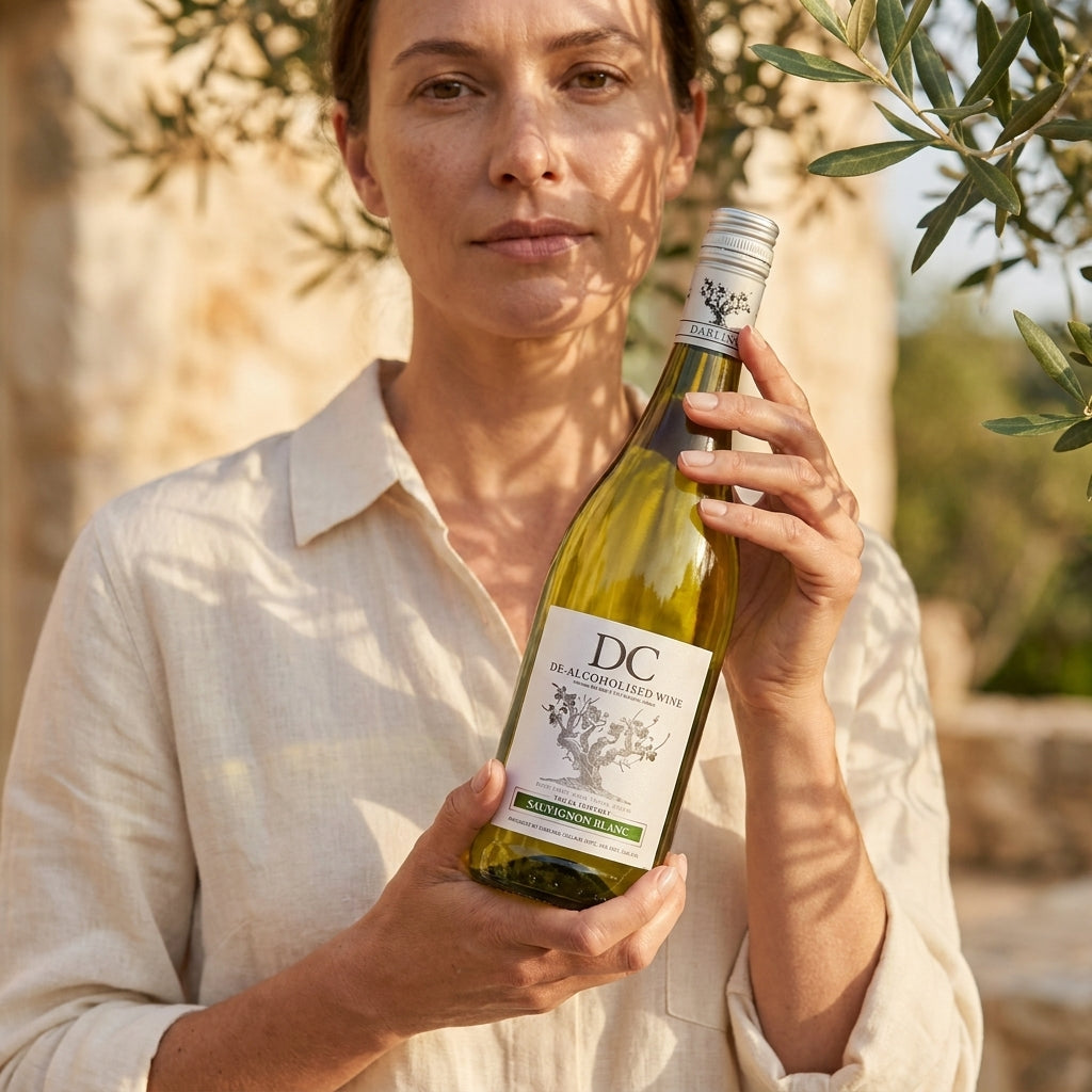 Woman holding a bottle of DC de-alcoholized white wine in an outdoor setting with olive trees