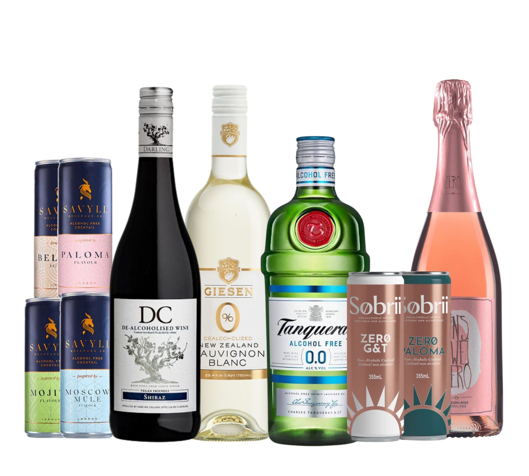 Collection of various alcoholic beverages including bottles and cans on a white background