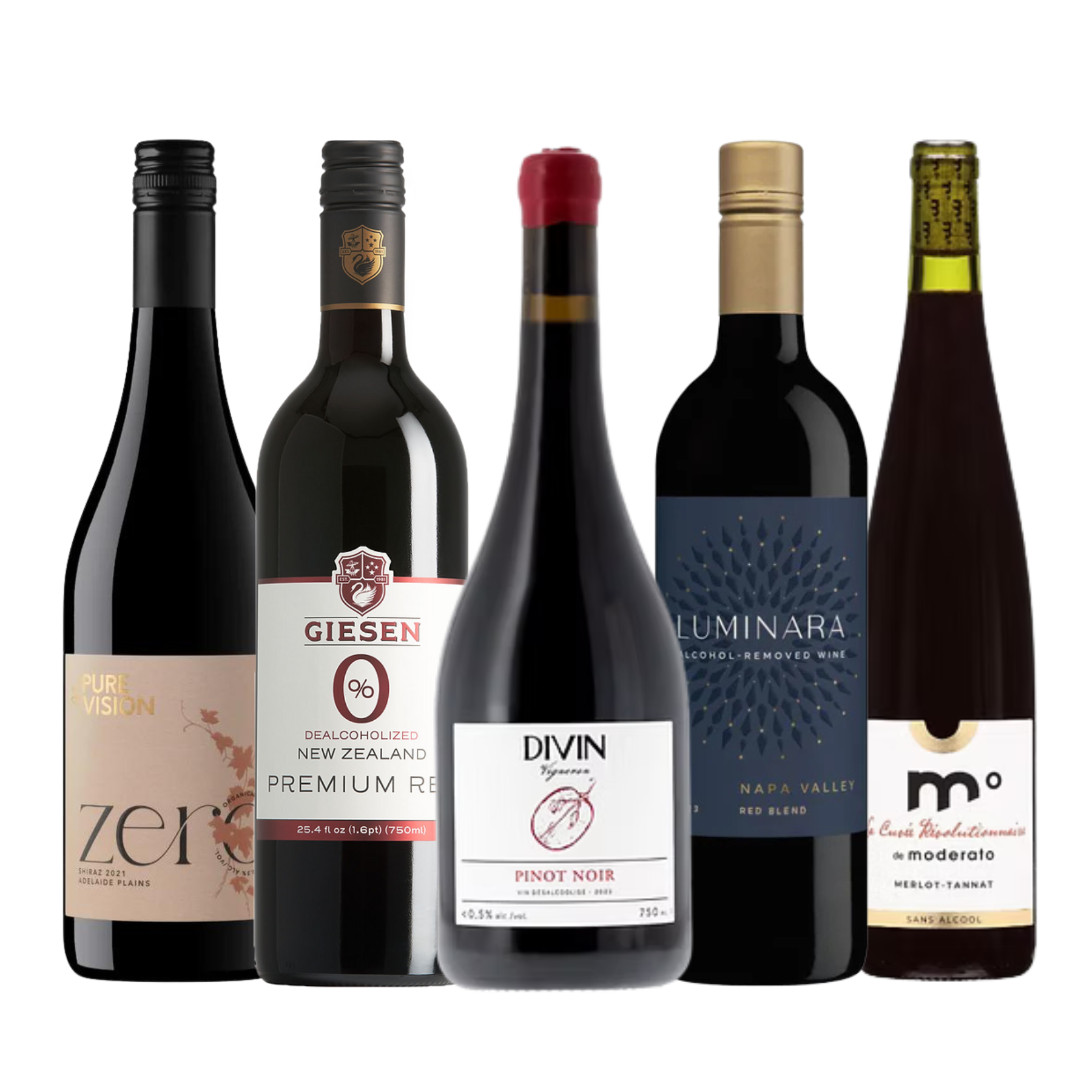 Five bottles of wine with visible labels on a white background