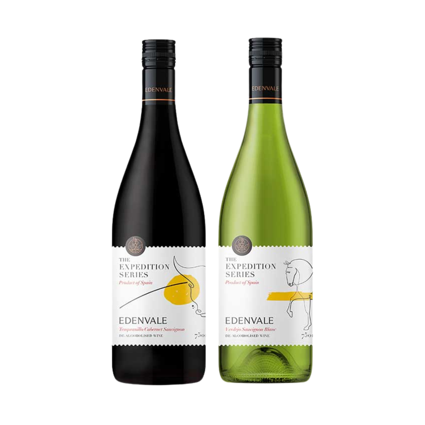 Two bottles of Edenvale The Expedition Series non-alcoholic wine. The left bottle is a dark red Tempranillo Cabernet Sauvignon, and the right is a green bottle of Verdejo Sauvignon Blanc. Both have illustrated white labels with modern line drawings and clean black screw caps, displayed on a white background.