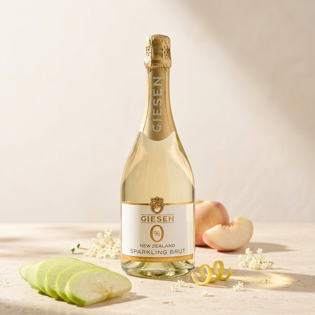 Bottle of Giesen New Zealand Sparkling Brut with sliced apples, peaches and flowers on a light background