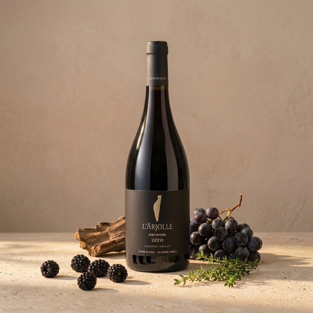 Bottle of L'Ariolle wine with grapes and blackberries on a neutral background