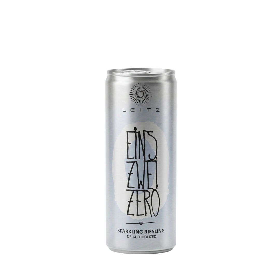 Blue and silver can of dealcoholized Leitz Eins Zwei Zero sparkling riesling on a white background.