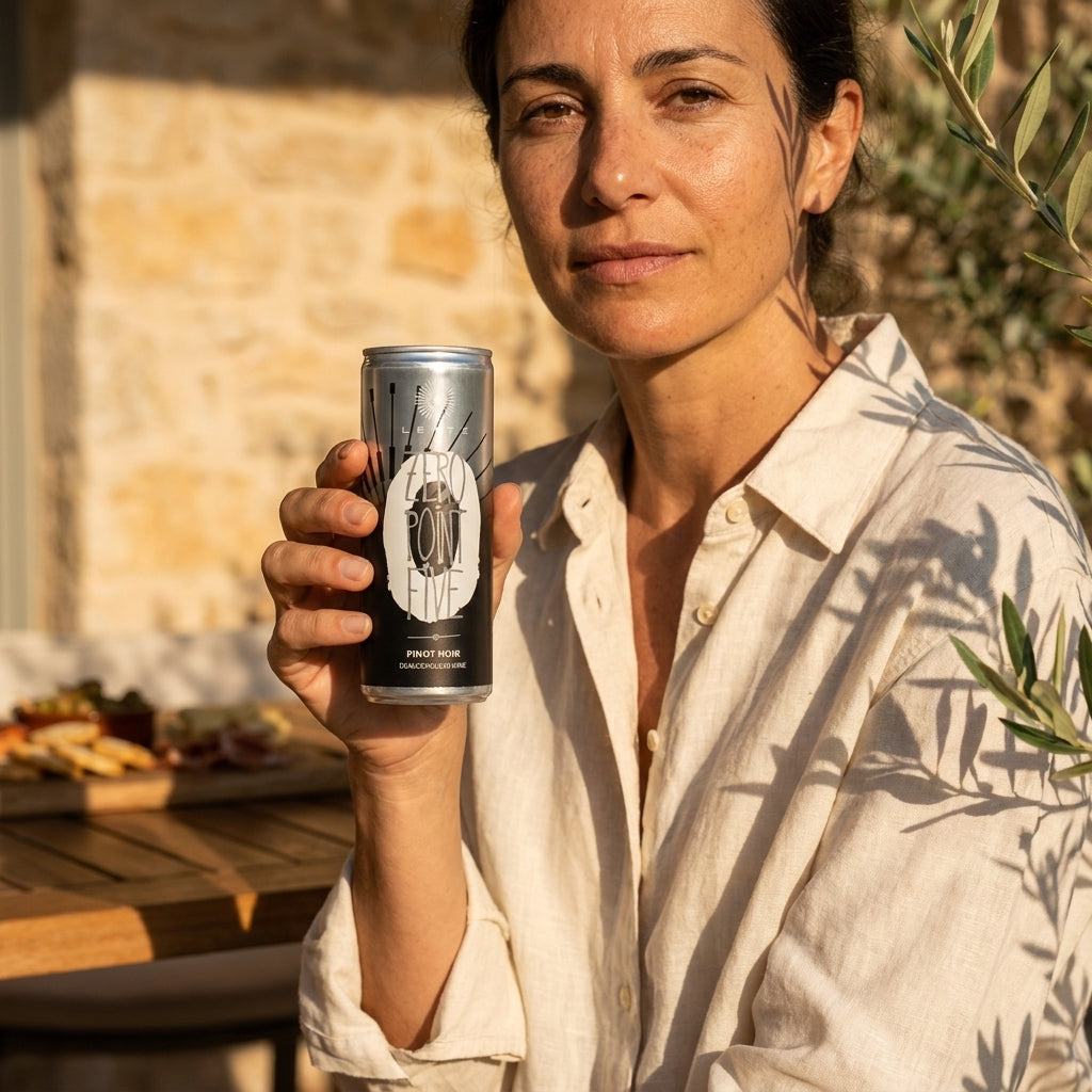 Woman holding a can of Leitz dealcoholized pinot noir outdoors with a stone wall and plants in the background