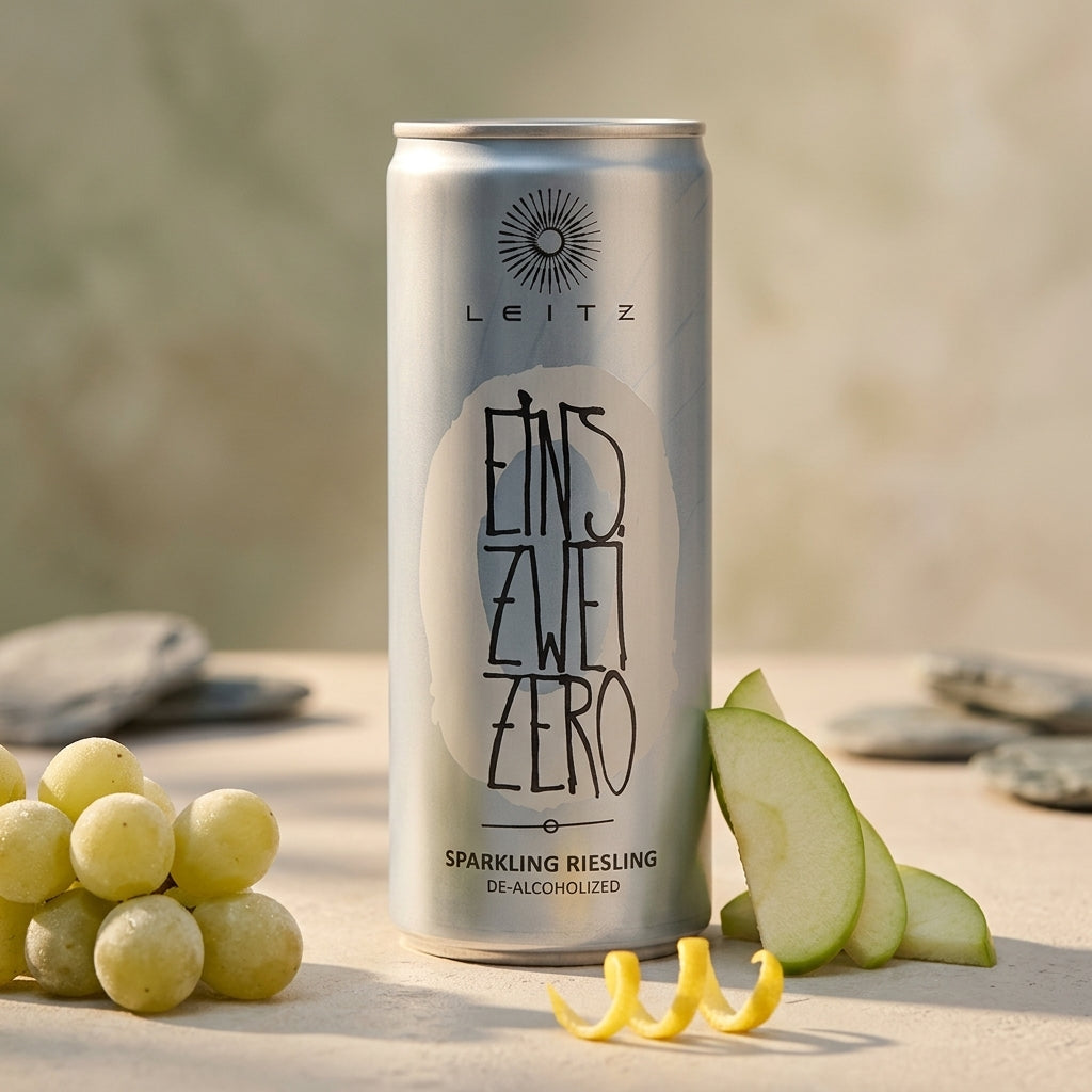 Silver and Blue can of Leitz EINS ZWEI ZERO de-alcoholized sparkling riesling with grapes and apple slices on a blurred natural background