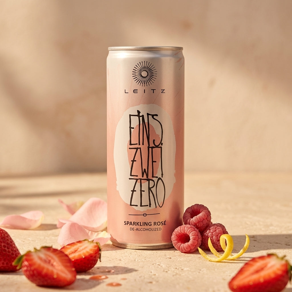 Leitz sparkling rose can with strawberries and raspberries on a sandy background