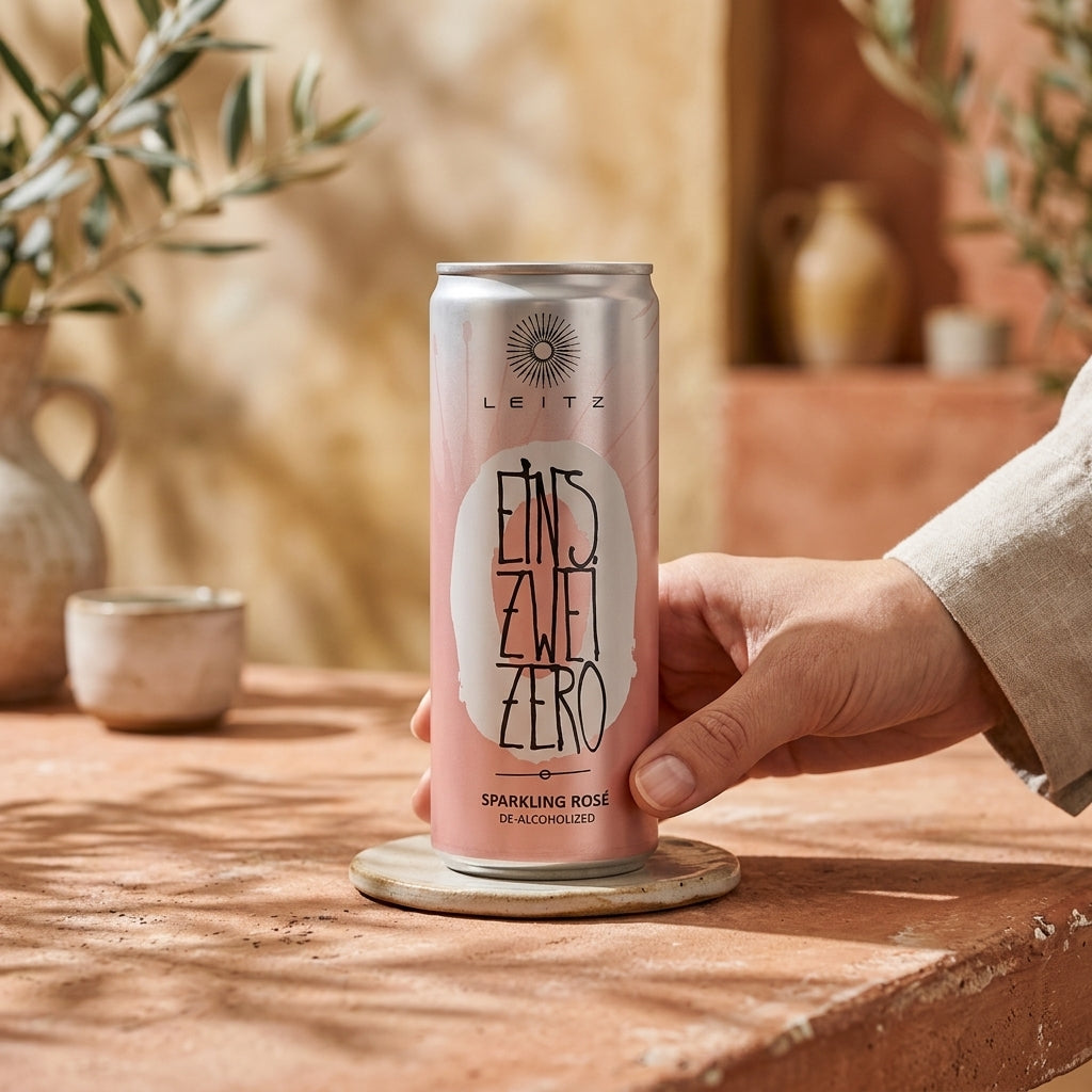 Hand holding a pink can labeled Leitz 'EINS ZWEI ZERO' on a wooden surface with a blurred background.