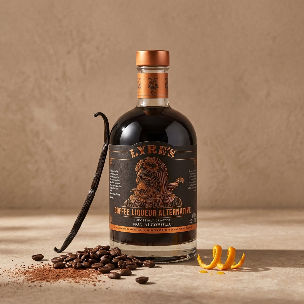 Bottle of Lyre's Coffee Liqueur Alternative with coffee beans and vanilla bean on a beige background