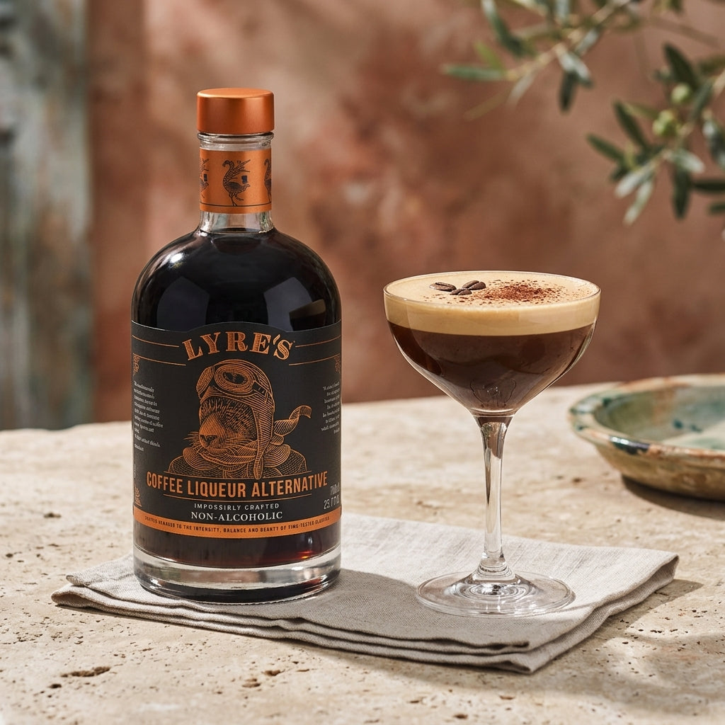 Bottle of Lyre's Coffee Liqueur Alternative with a cocktail on a stone surface.