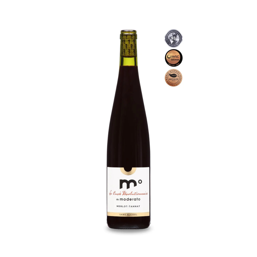 Wine bottle with a label and three gold badges on a white background