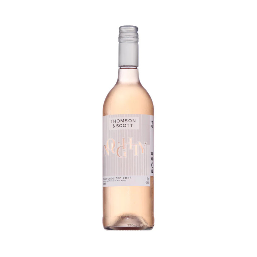 A bottle of Thompson and Scott Noughty Rosé wine with a label indicating it is a low sugar, organic, and vegan friendly wine from South Africa.