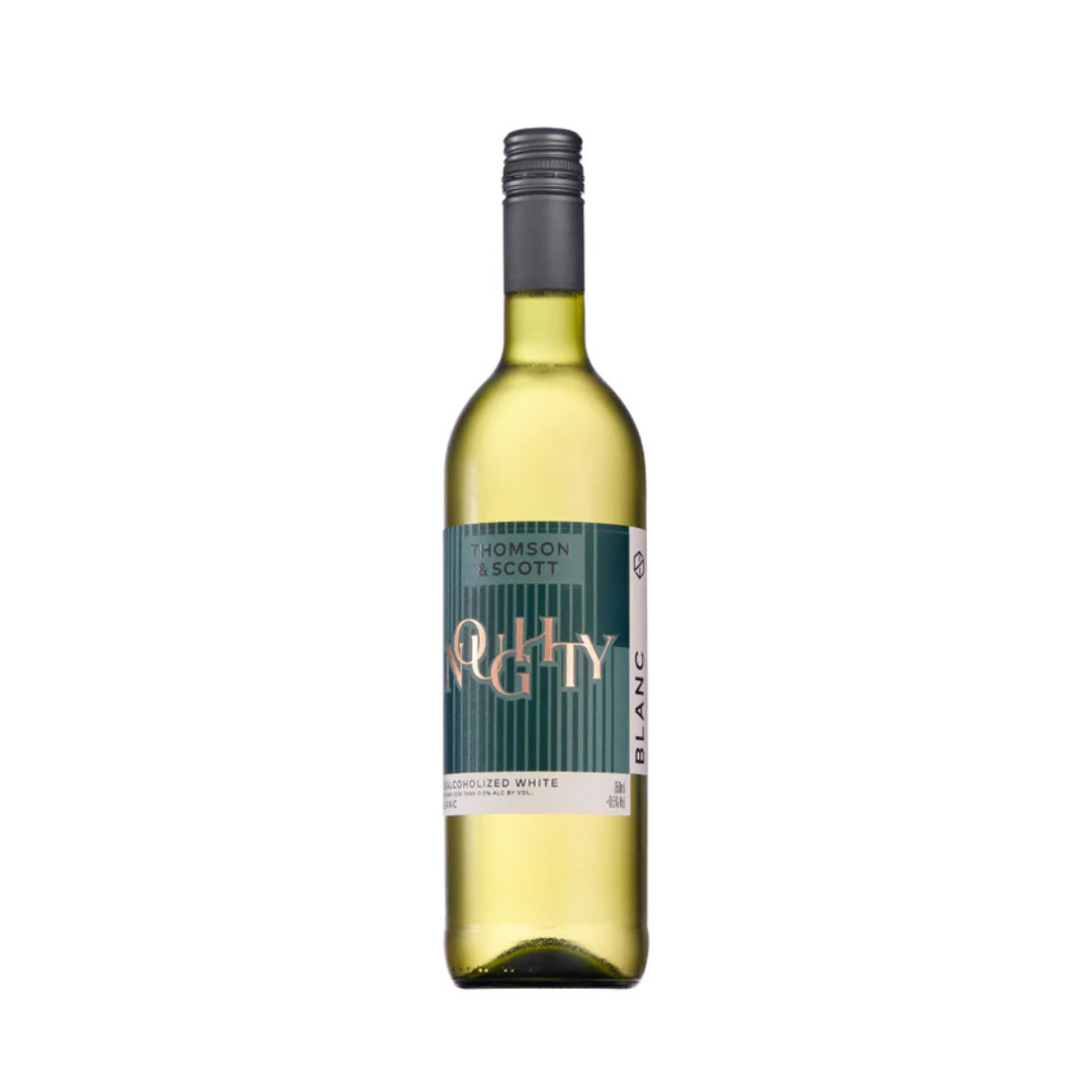 A bottle of Noughty Blanc dealcoholized white wine with a label indicating it is a product of South Africa, organic, vegan, and contains low sugar.