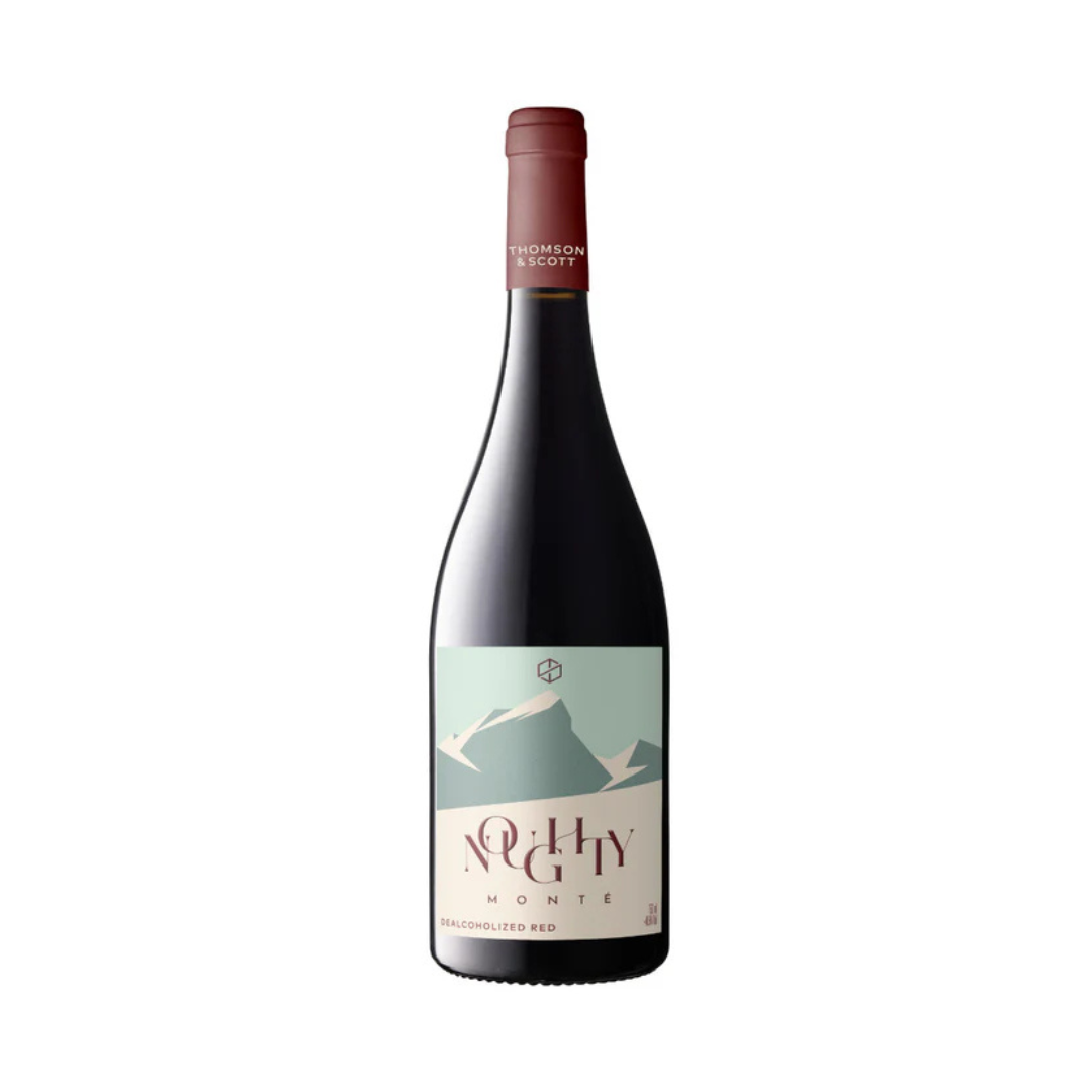 Noughty Rouge Monte de-alcoholized red wine in a dark glass bottle with soft green and cream illustrated label, photographed on a white background.