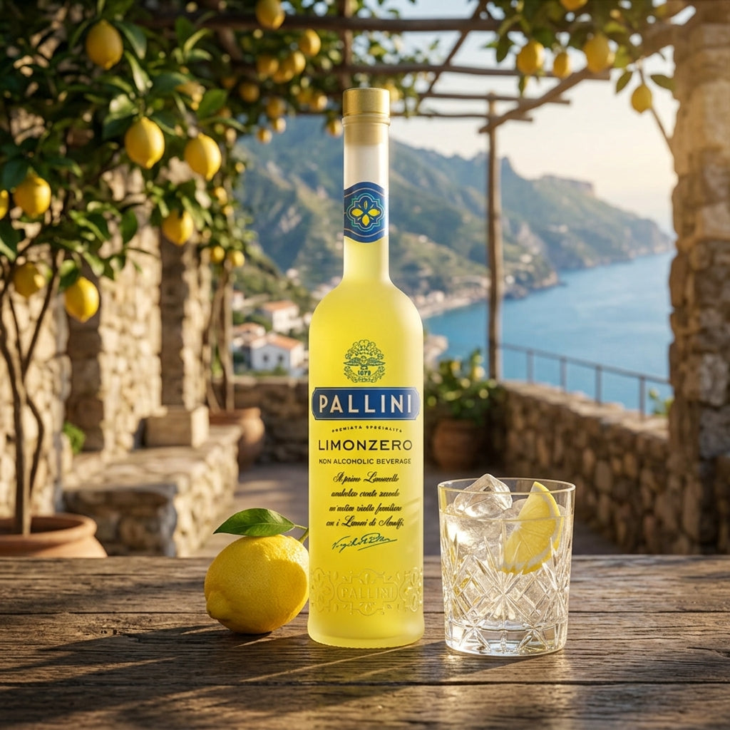 Bottle of Pallini Limonzero with a glass of lemonade on a wooden table with a scenic background.