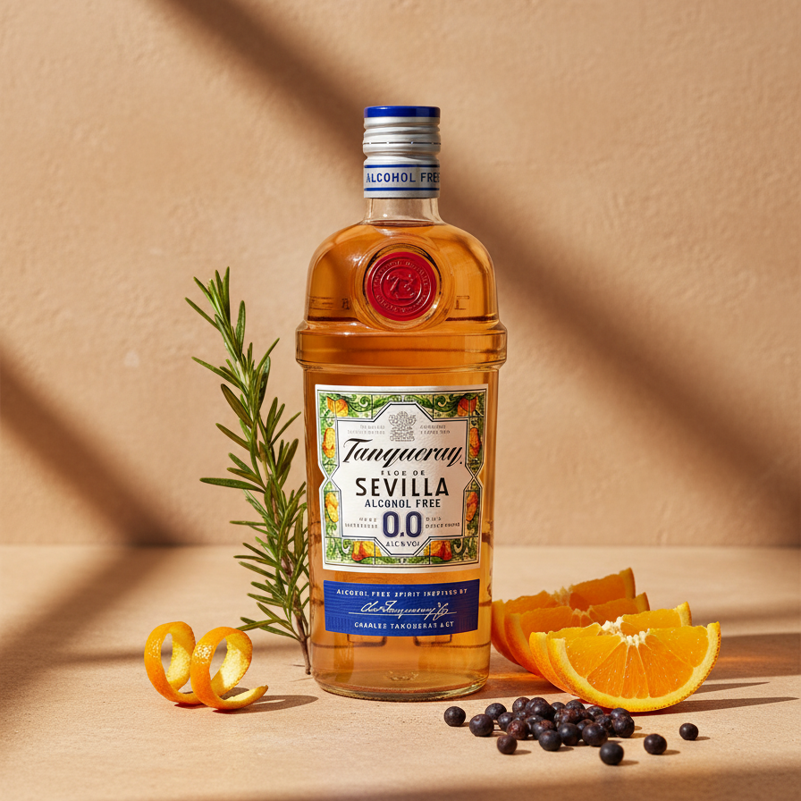 Bottle of Tanqueray Sevilla with oranges and rosemary on a beige background