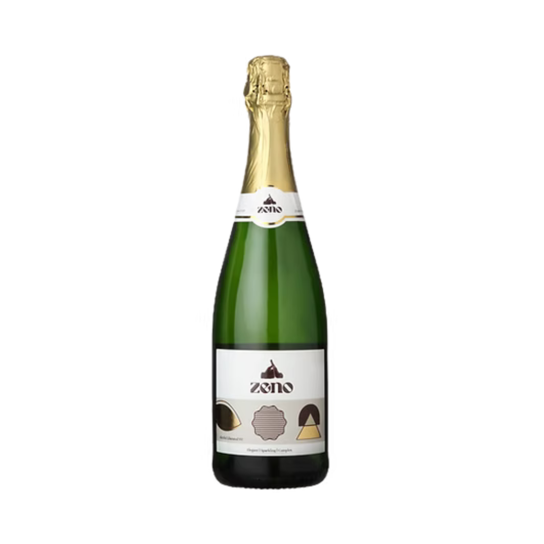 ZENO Sparkling White non-alcoholic wine bottle with gold foil top and modern white label, in a green bottle displayed on a white background
