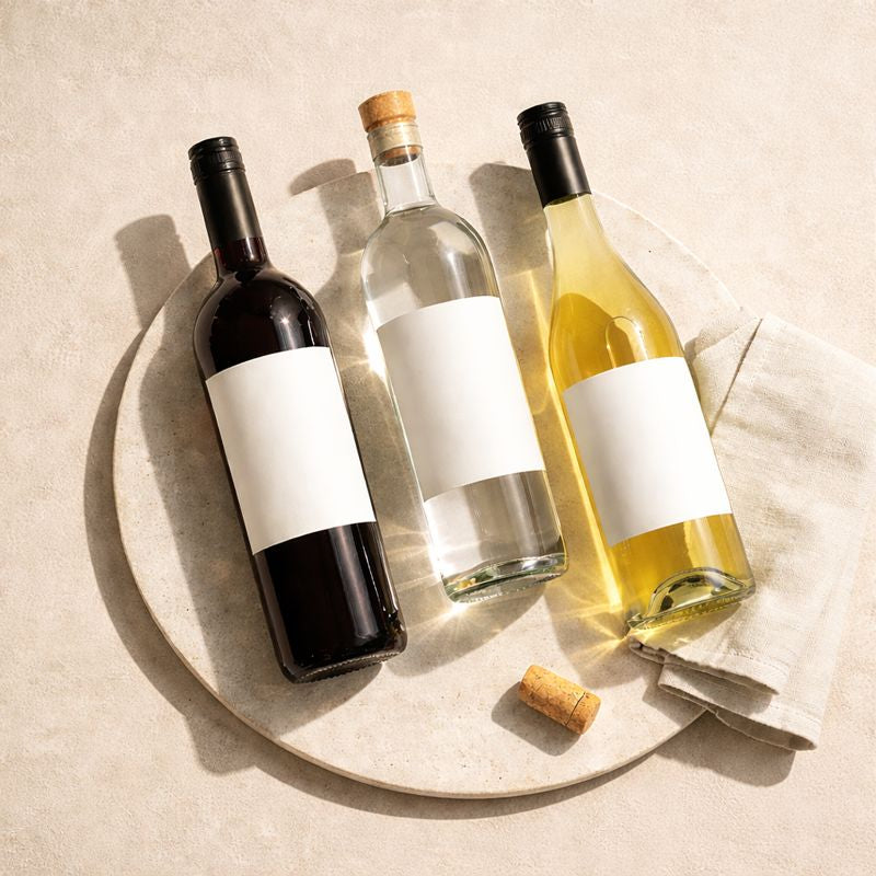 Flat lay of non-alcoholic red wine, white wine, and zero-proof spirit bottles styled on a light stone surface in natural sunlight.