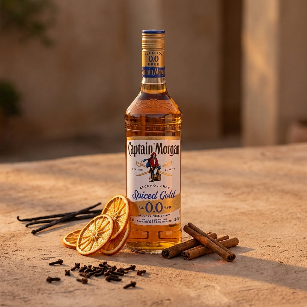 Captain Morgan Spiced Gold 0.0 alcohol-free spirit bottle with cinnamon sticks, vanilla bean and cloves spices on a wooden surface