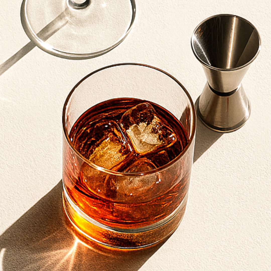 top view of a dark spirit cocktail in a low ball glass with jigger on a light surface with bright sunlight beaming through the glass creating a hard light shadow