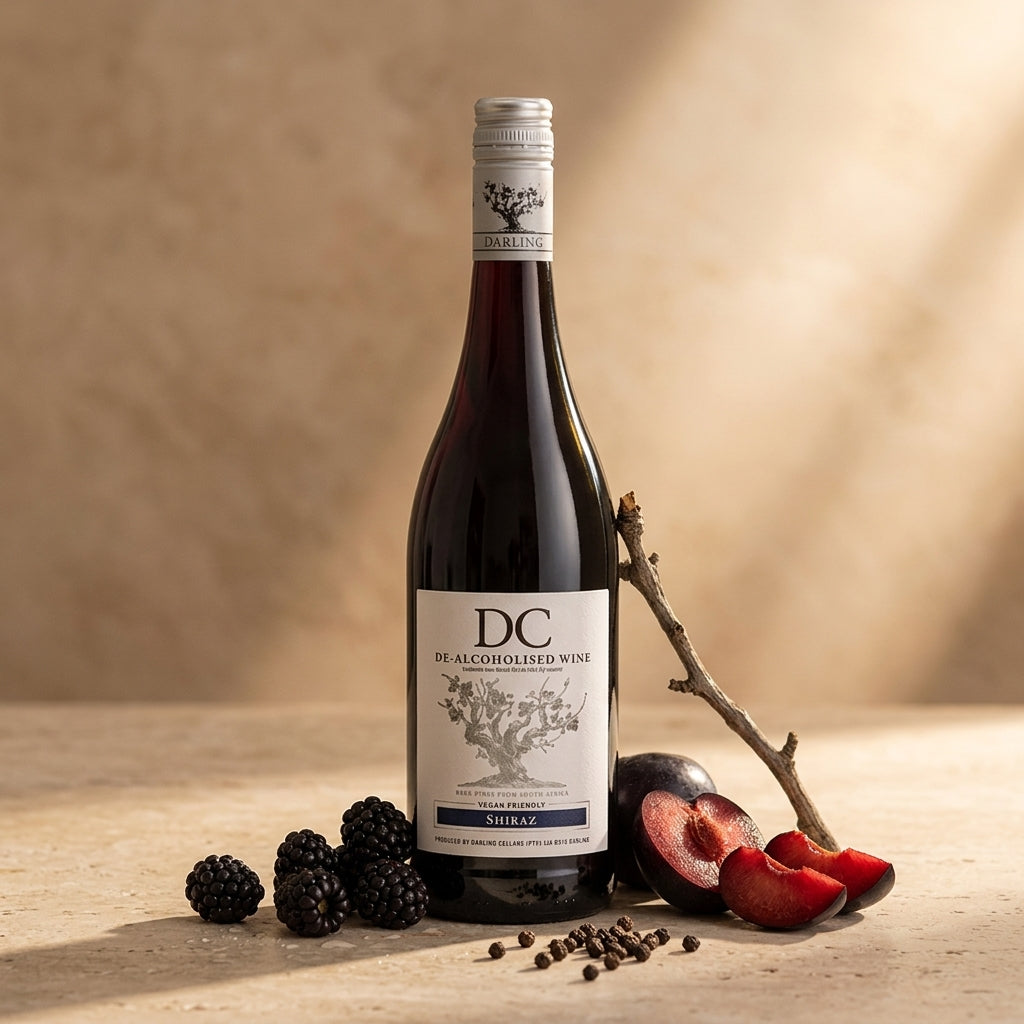 Bottle of DC de-Alcoholised Wine with blackberry, plumb, peppercorns, and an oak twig on a wooden surface