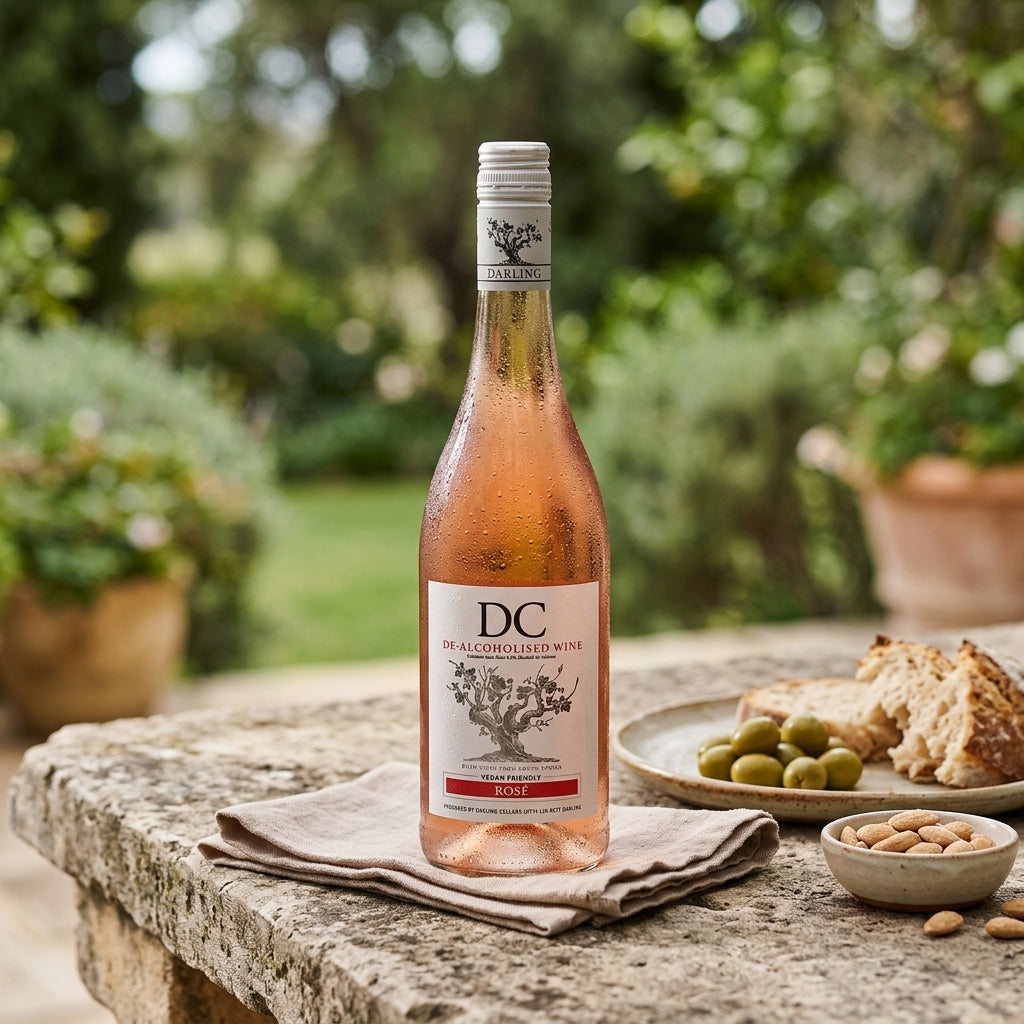 Bottle of DC Rosé wine on a stone table with snacks and greenery in the background