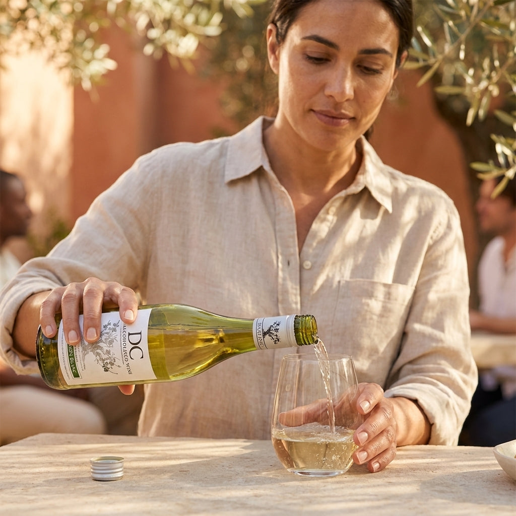 Woman pouring white sauvignon blanc wine from a bottle labeled 'DC' into a glass outdoors.