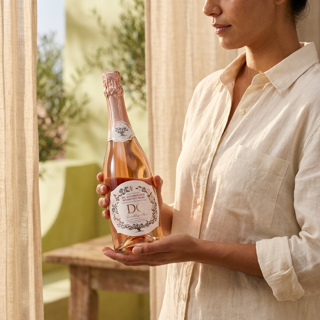 A woman in a cream linen shirt holds a bottle of DC De-alcoholized sparling rosé wine against a warm, sunlit background with sheer curtains.