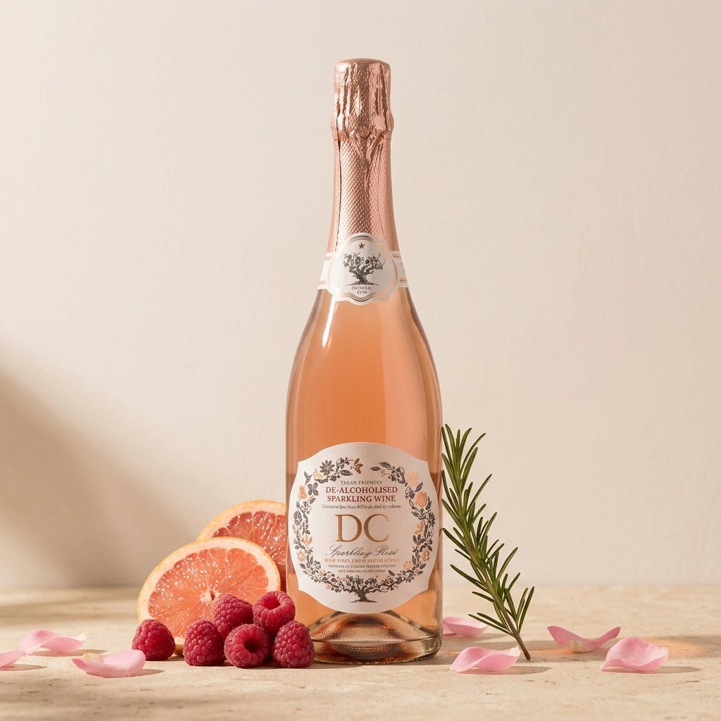 Bottle of rose sparkling wine with decorative elements on a wooden surface surrounded by fresh grapefruit, raspberries and rose petals