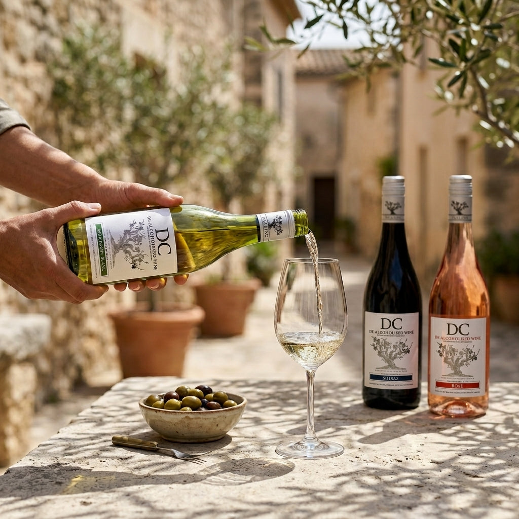Person pouring white wine into a glass with DC red and rosé wine bottles on a table outdoors.
