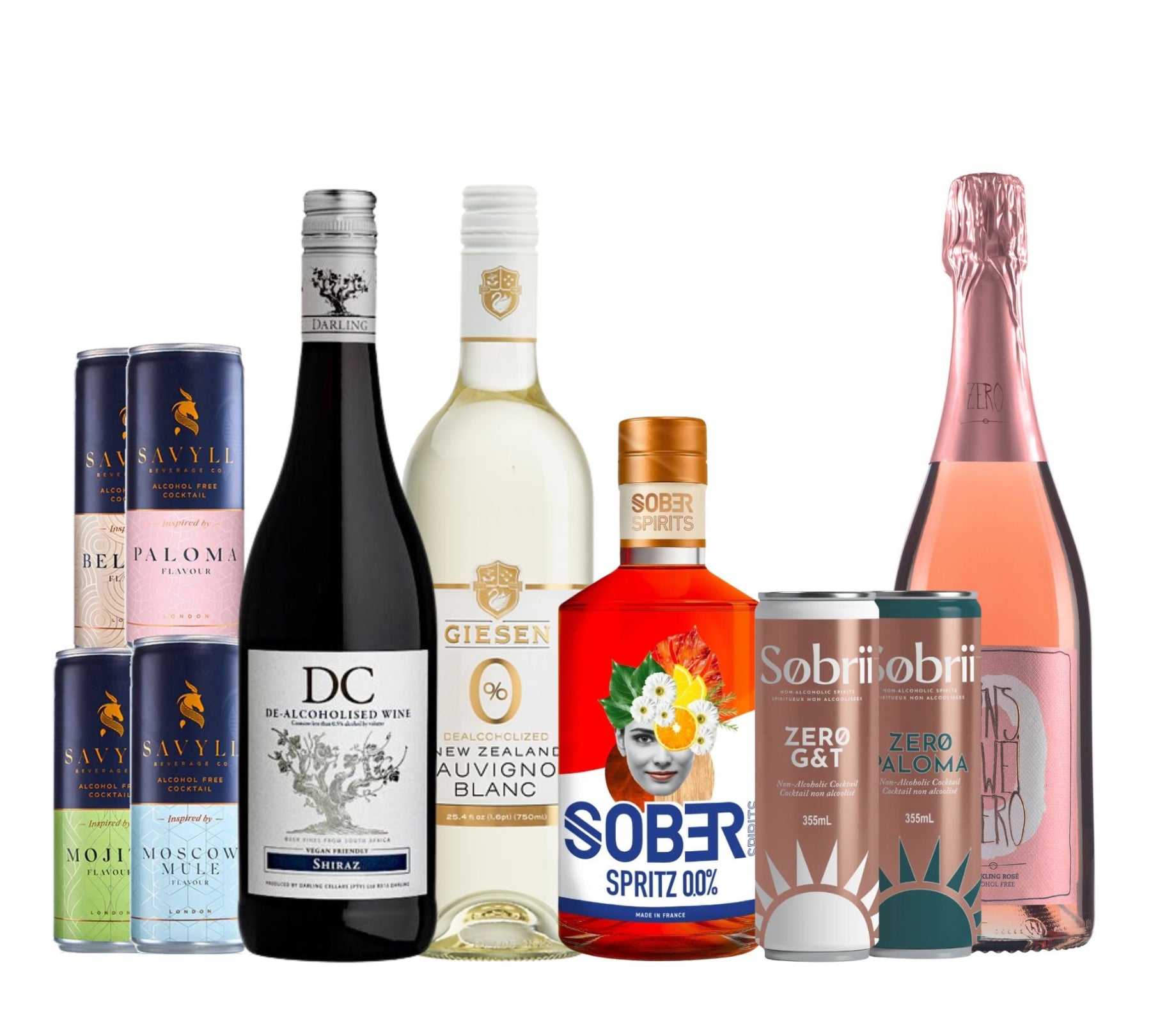 Collection of various alcoholic beverages including bottles and cans on a white background