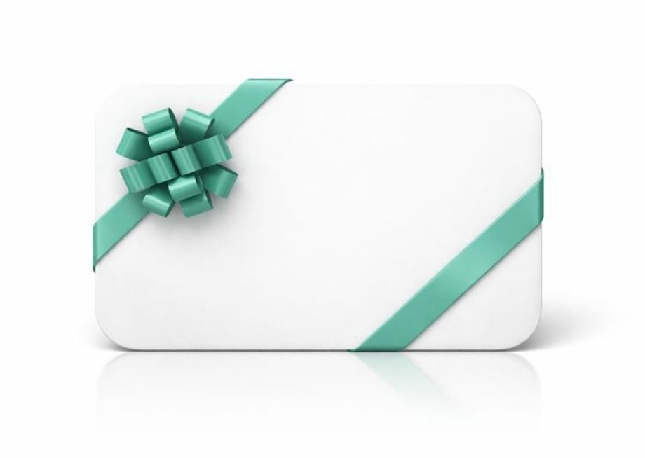 White gift card with a green ribbon on a white background