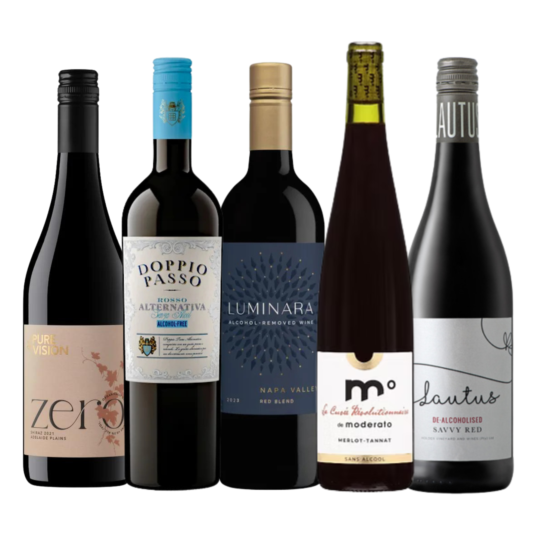 a group of a variety of non-alcoholic red wines on a white background