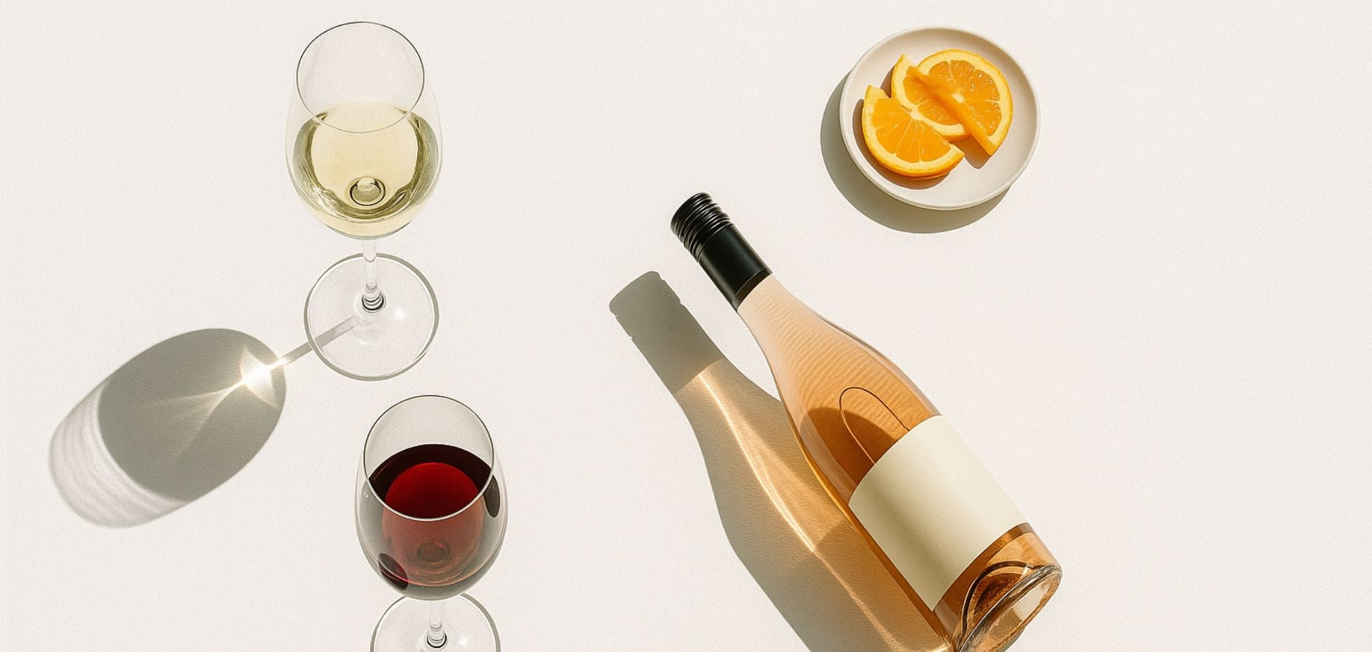 Bottle of rose wine with two glasses and a plate of oranges on a white background