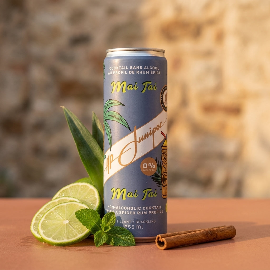 Can of Mai Tai non-alcoholic cocktail with lime slices, cinnamon stick, and mint leaves on a stone surface.