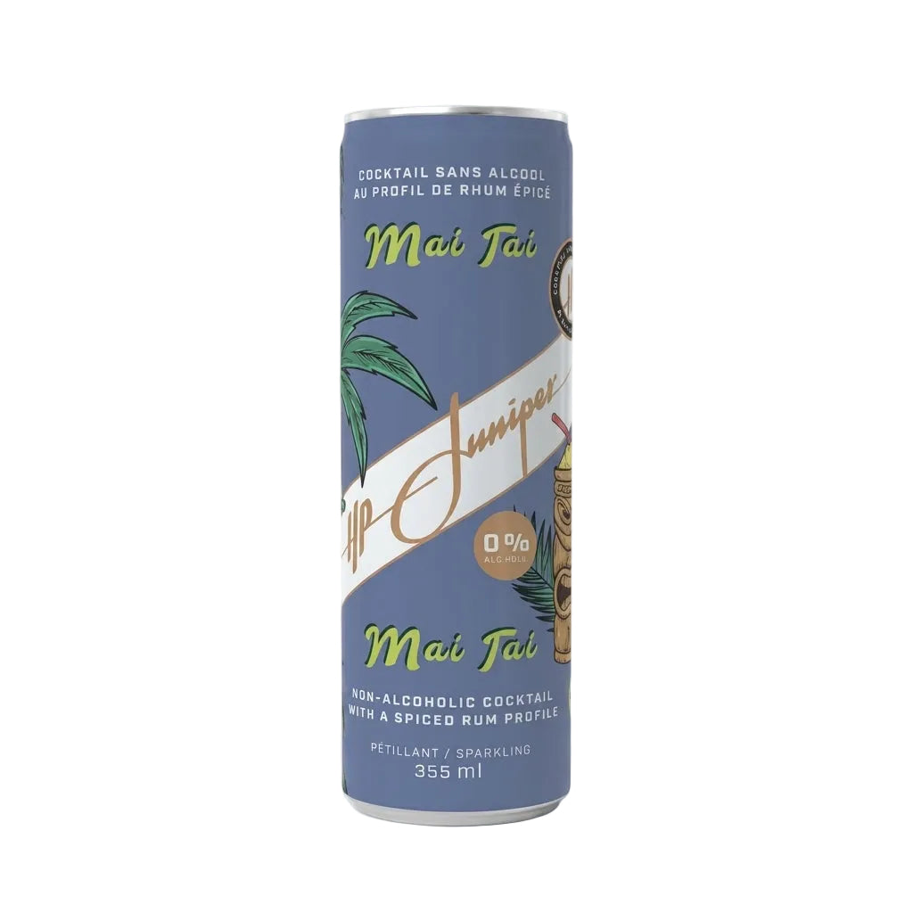 Non-alcoholic Mai Tai cocktail can with tropical design on a white background