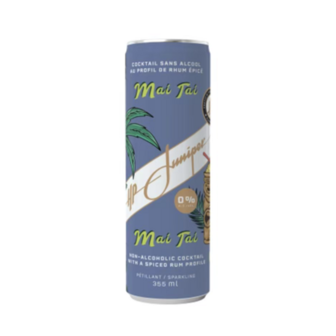 HP Juniper Mai Tai non-alcoholic cocktail in a 355 mL can, deep blue label with tropical illustrations and lime green text, featuring a spiced rum profile and 0% alcohol.