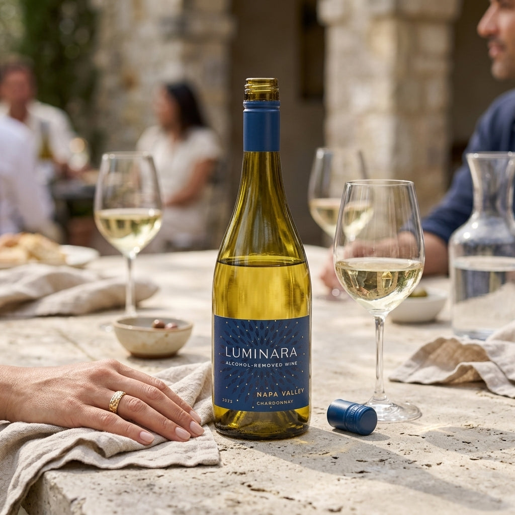 Bottle of Luminara alcohol-free wine on a table with glasses outdoors.