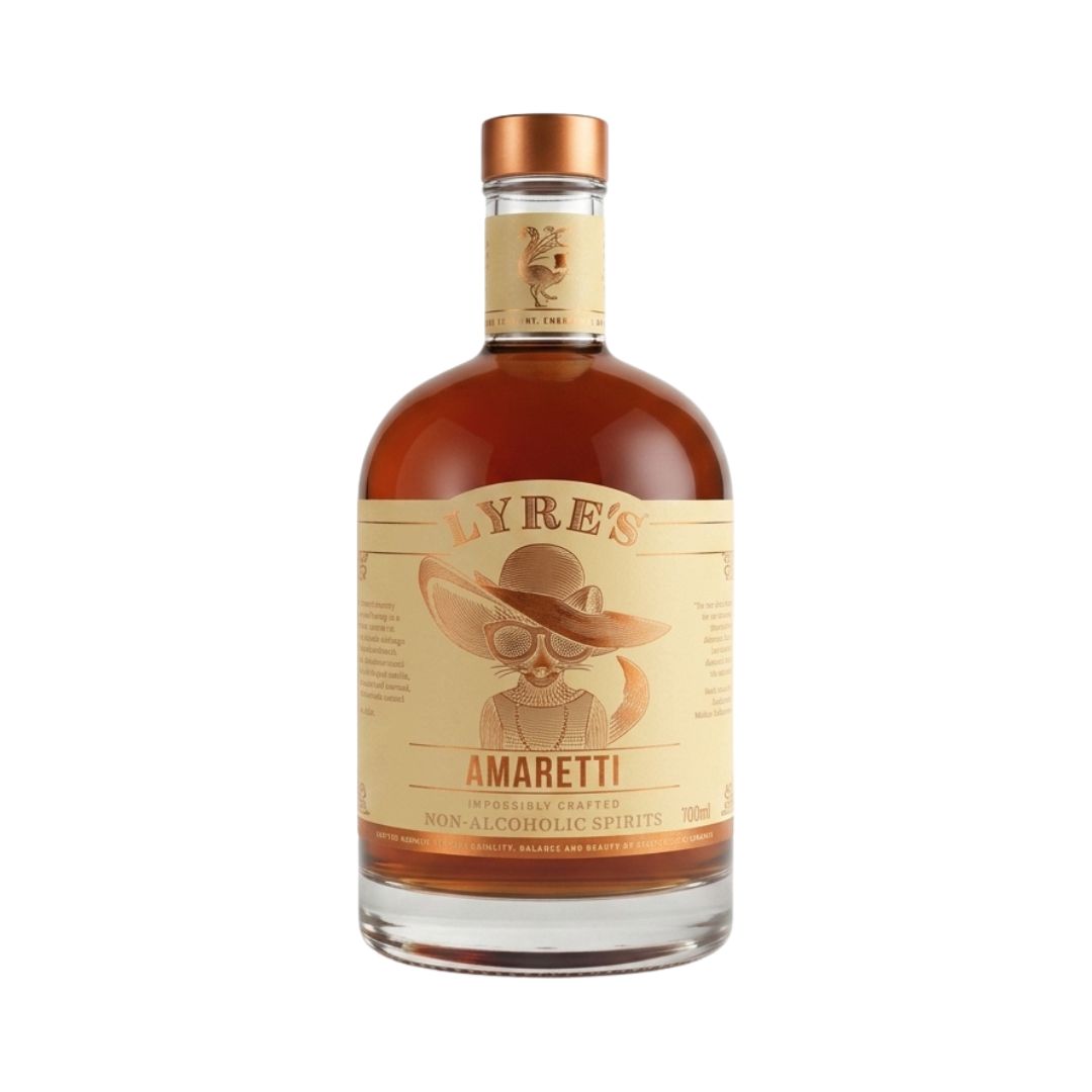 Bottle of Lyre's Amaretti non-alcoholic spirit on a white background