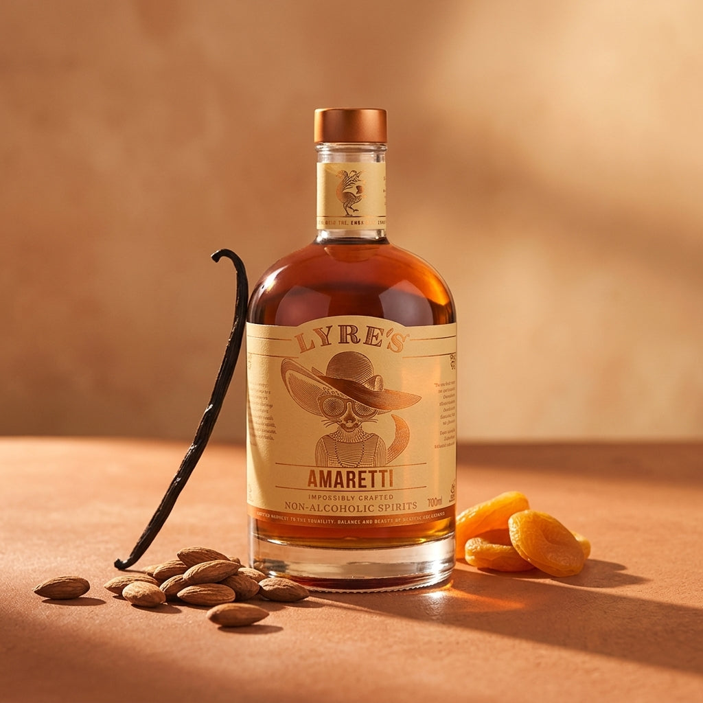 Bottle of Lyre's Amaretti non-alcoholic spirits with vanilla bean, almonds, and dried apricots on a brown background