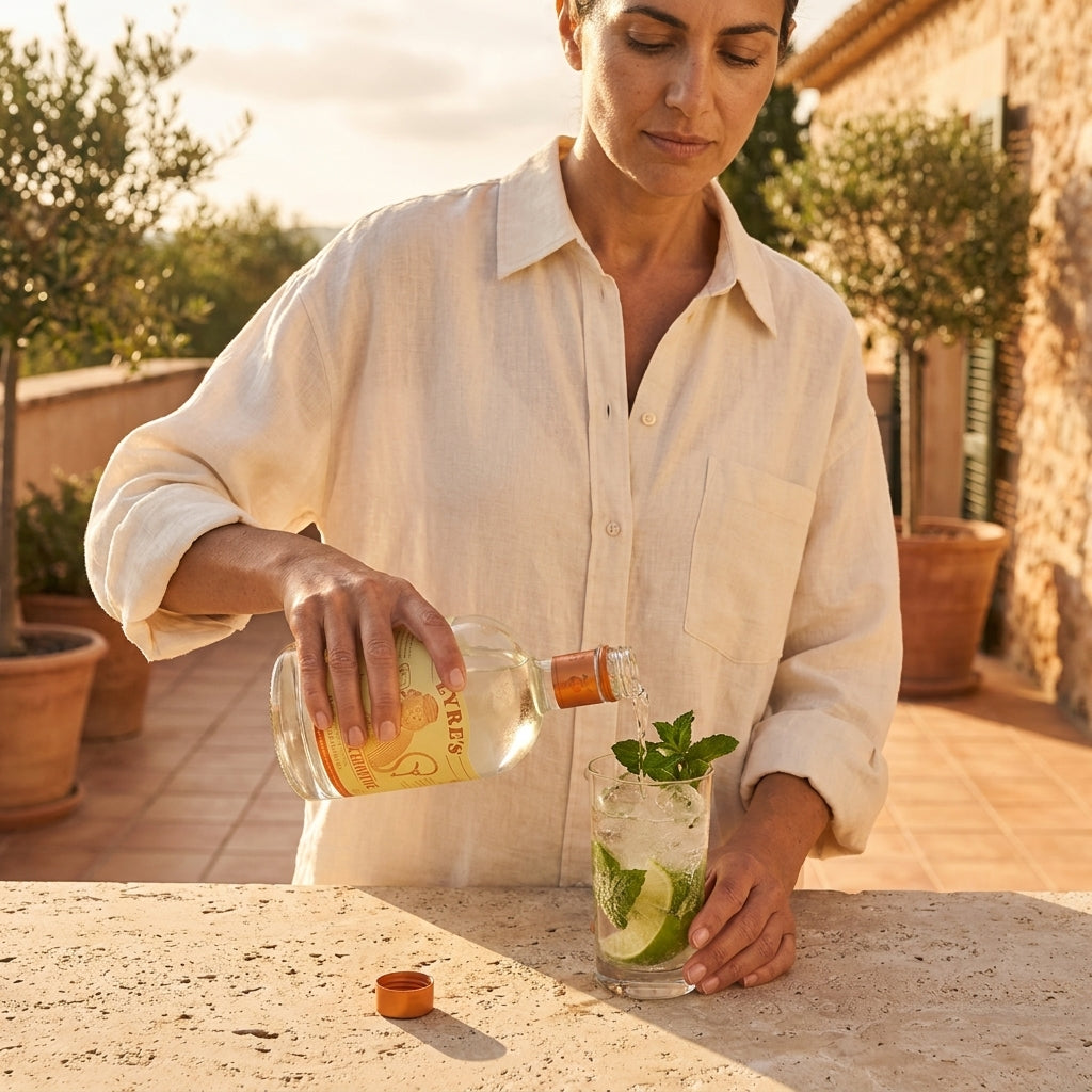 Woman pouring a drink into a glass with lime and mint on a stone surface outdoors.