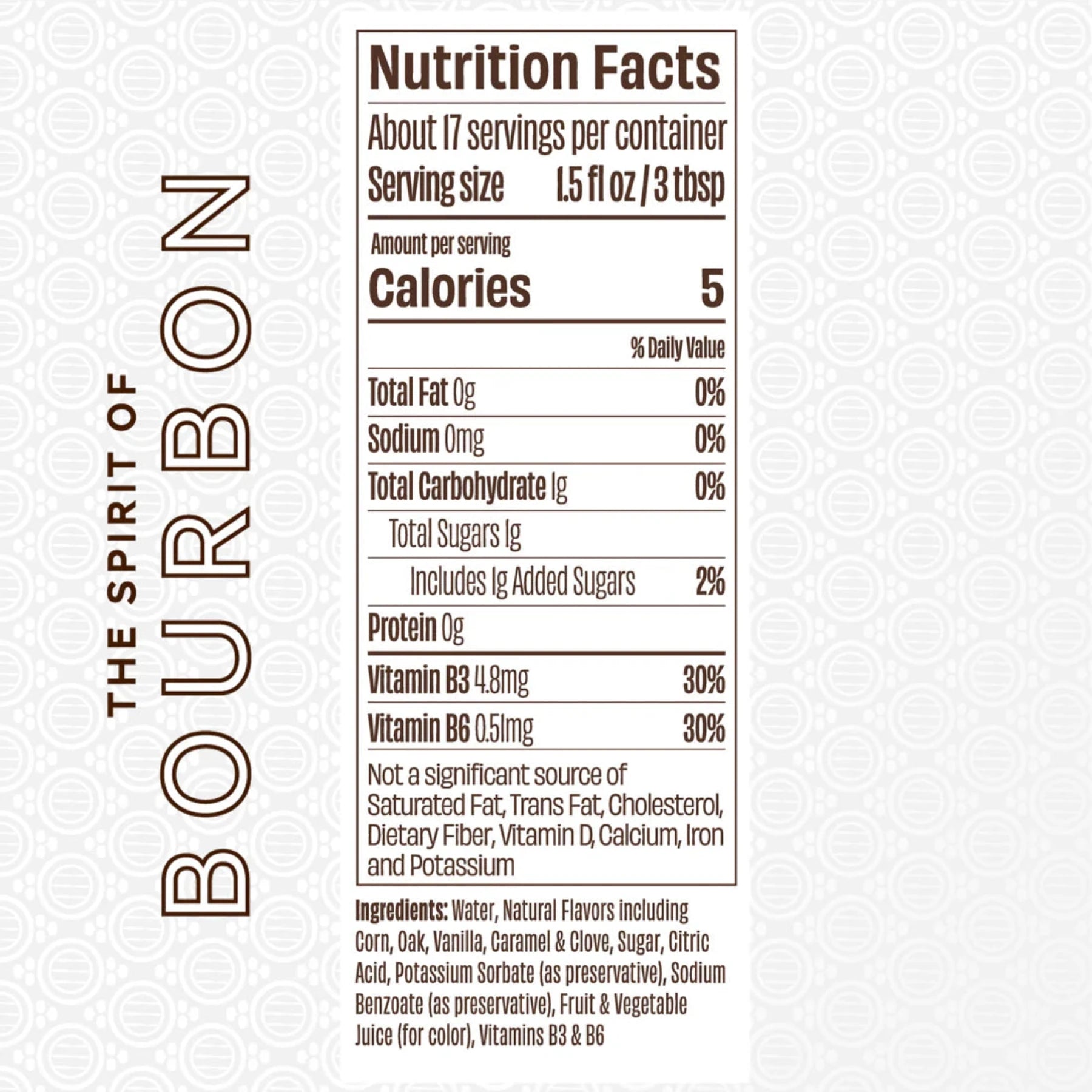label of ingredients and nutritional content. Only 5 calories per 1.5oz serving. 1g of sugar.