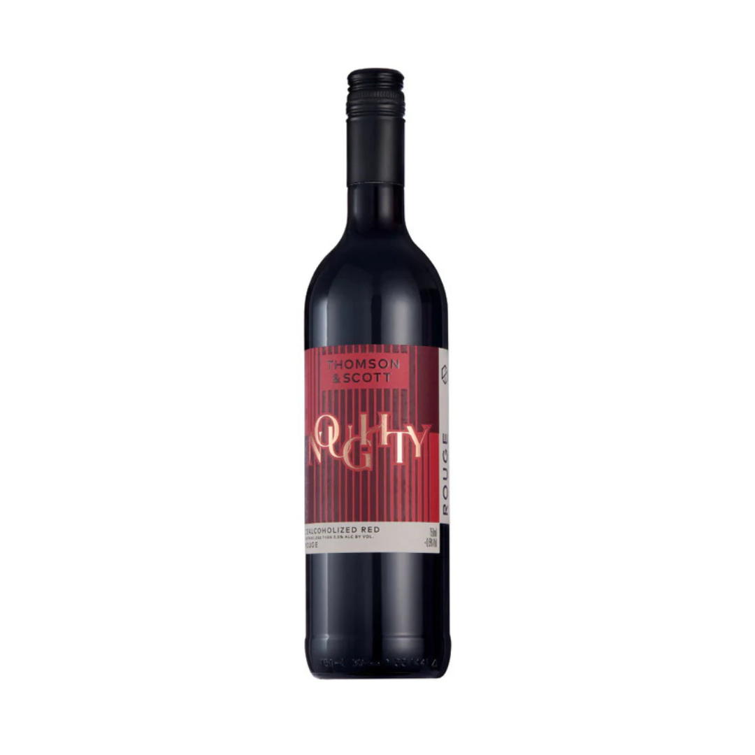 Bottle of Thomson & Scott Noughty Rouge non-alcoholic red wine with a deep red and black label, standing upright on a white background.