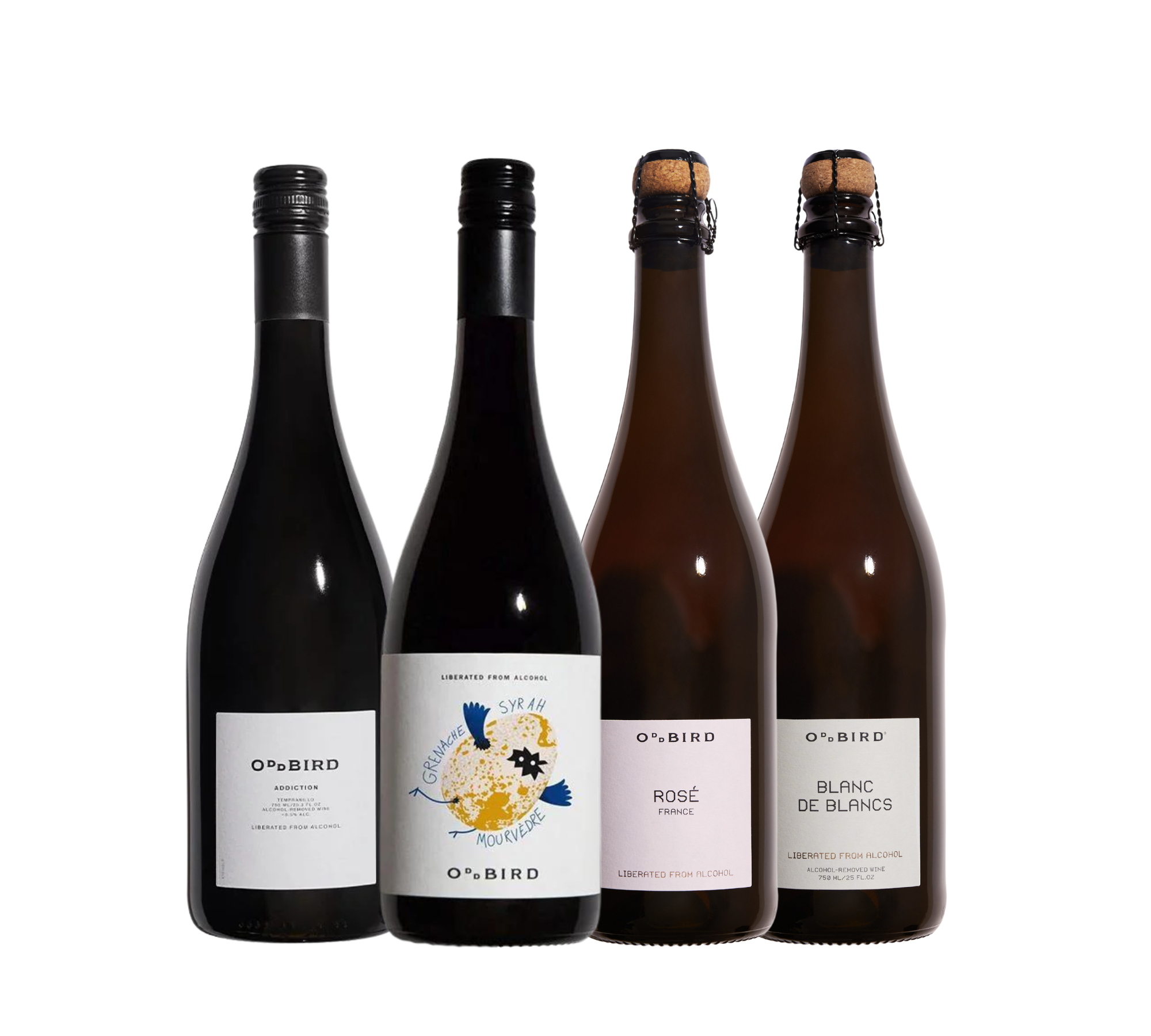 4 bottles of wine lined up side by side. Two have corked tops. Unique labels show the names of the wine varietals with birds and a flying egg.
