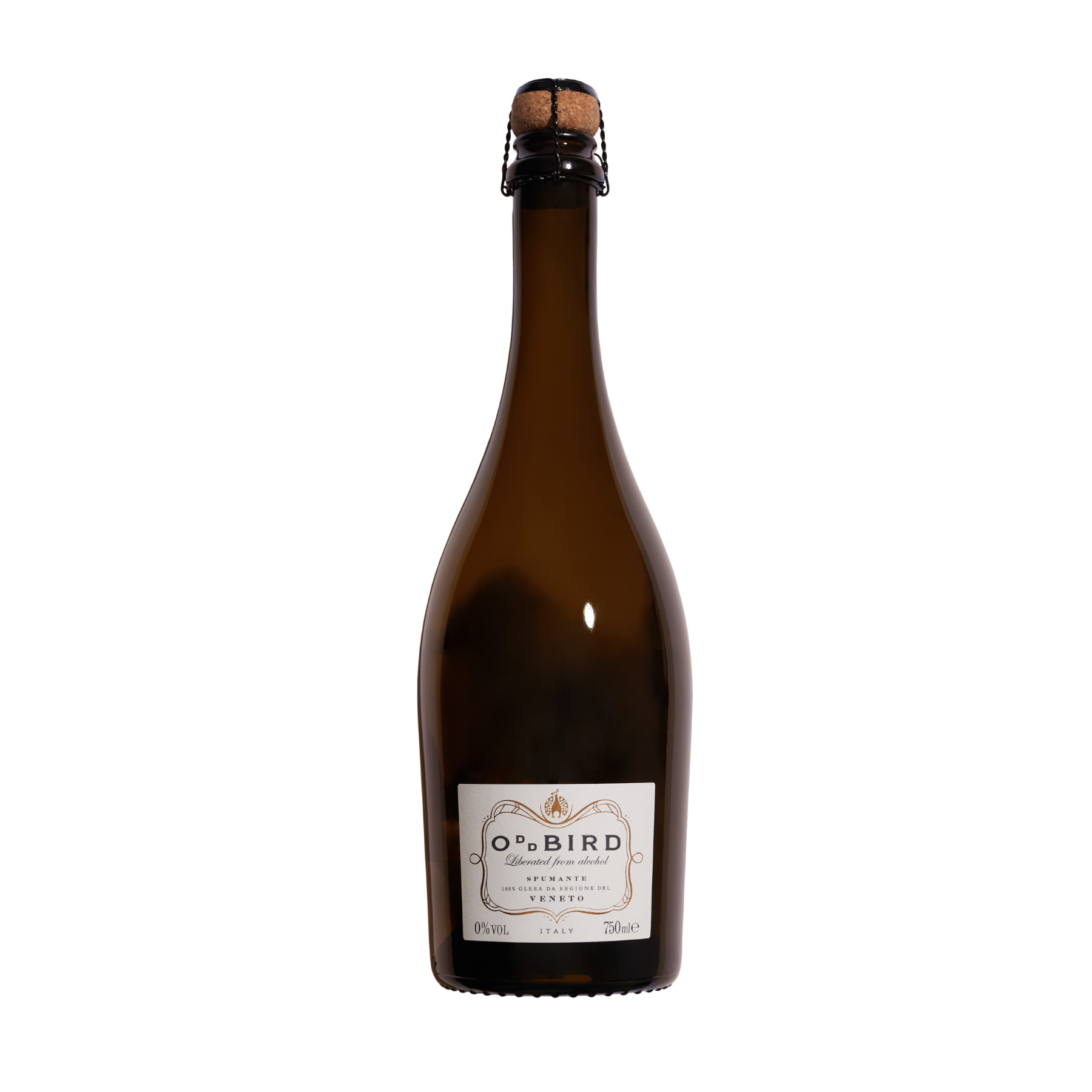 oddbird spumante non-alcoholic prosecco in brown glass bottle with exposed cork and white elegant label modern contemporary look