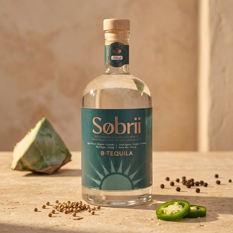 Sobrii tequila bottle on a wooden surface with ingredients like jalapeño and agave.