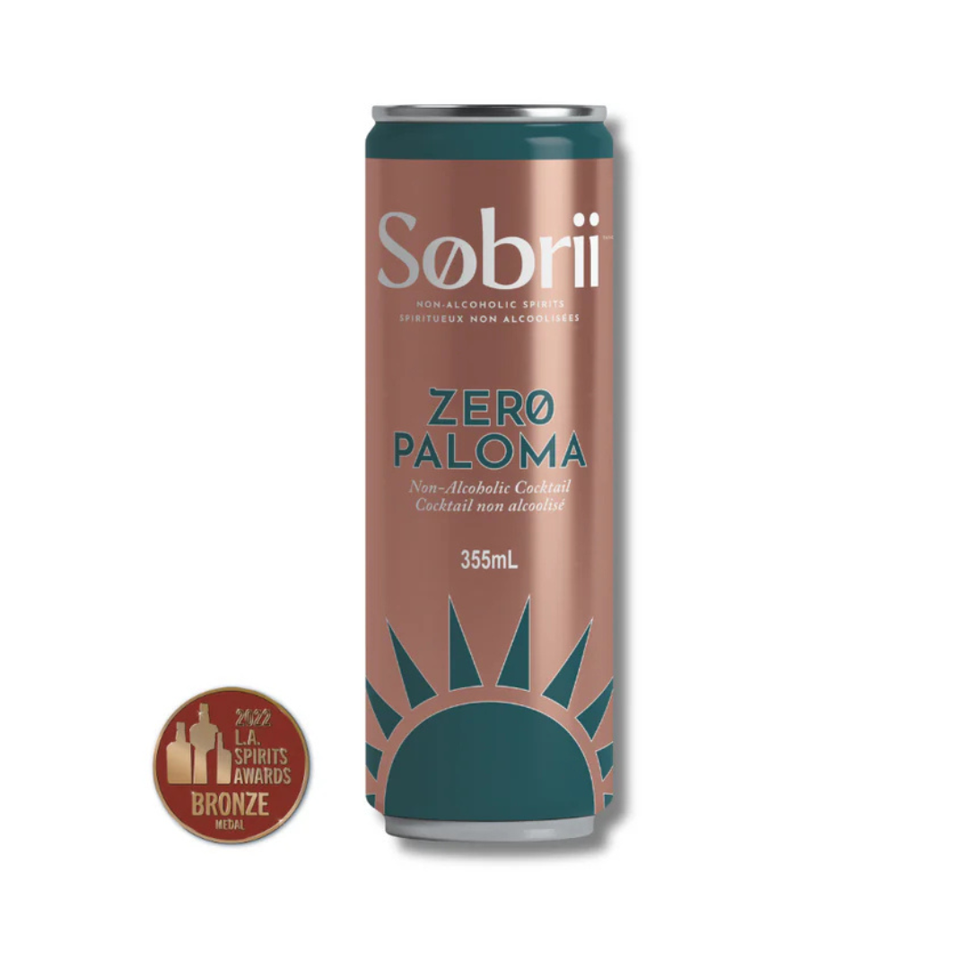 Sobrii Zero Paloma non-alcoholic cocktail in a 355mL sleek can with a bronze and teal design, featuring a bronze L.A. Spirits Awards 2021 Bronze Medal badge.